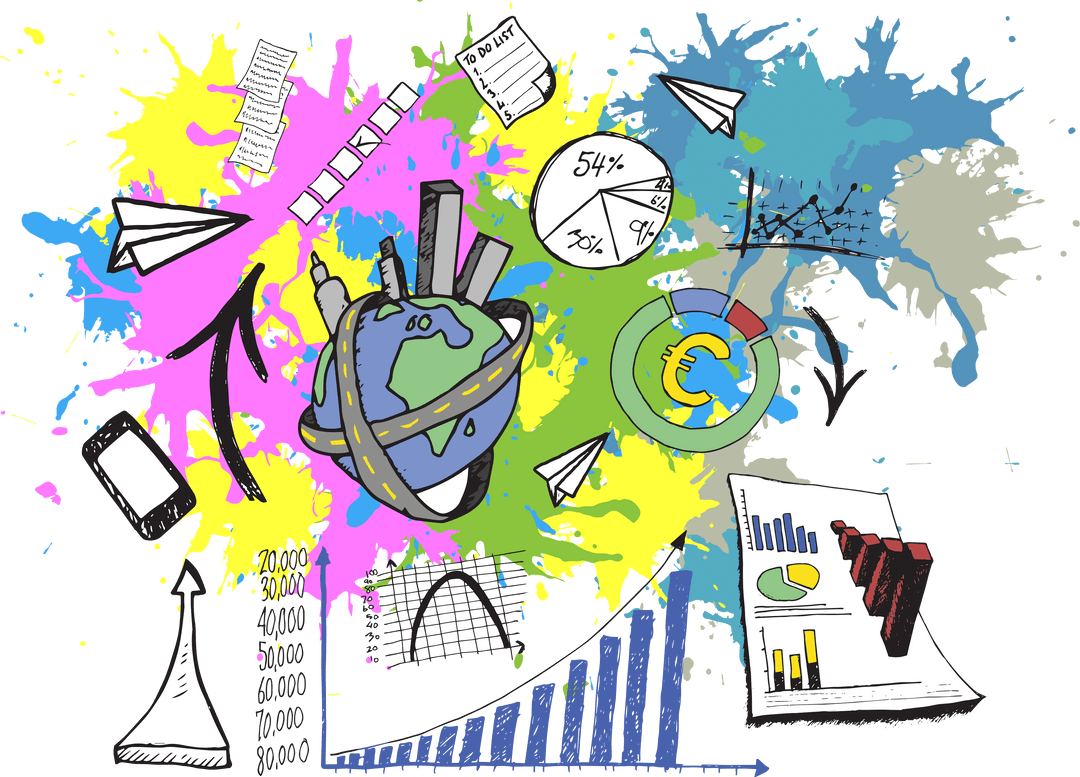 Colorful Business Icons and Charts on Transparent Background