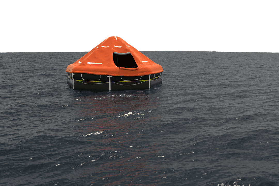 Transparent Lifeboat in Ocean Full of Waves with Reflection