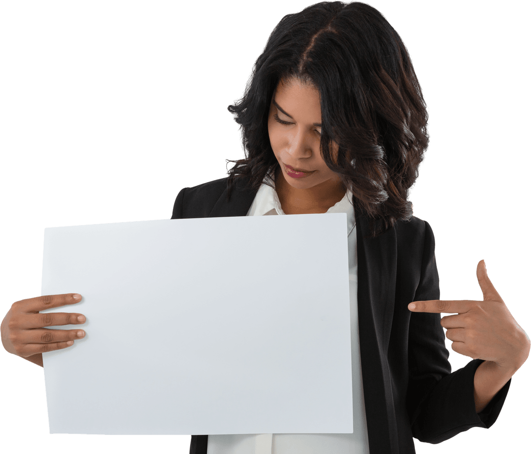 Businesswoman Pointing at Blank Transparent Placard