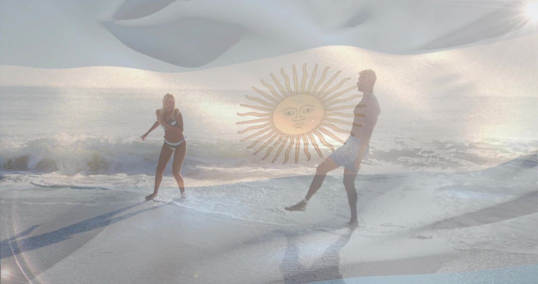 Beach Couple Enjoying Serenity with Argentinian Emblem