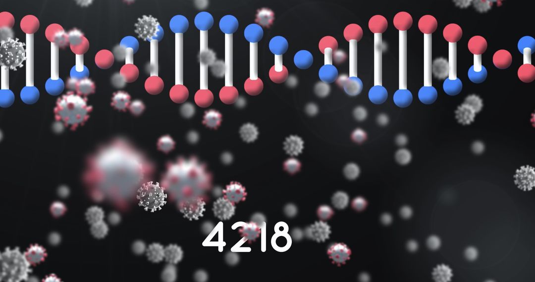 Digital Virus Cells with DNA Strand on Dark Background