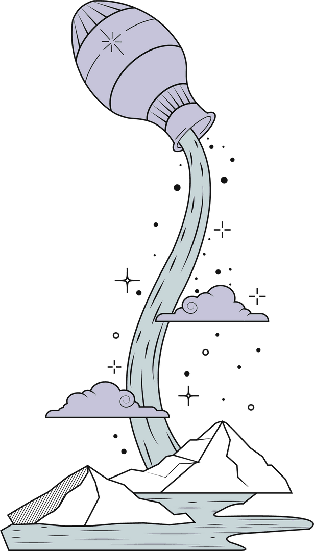 Transparent Jug Pouring Water Over Mountains with Clouds and Stars