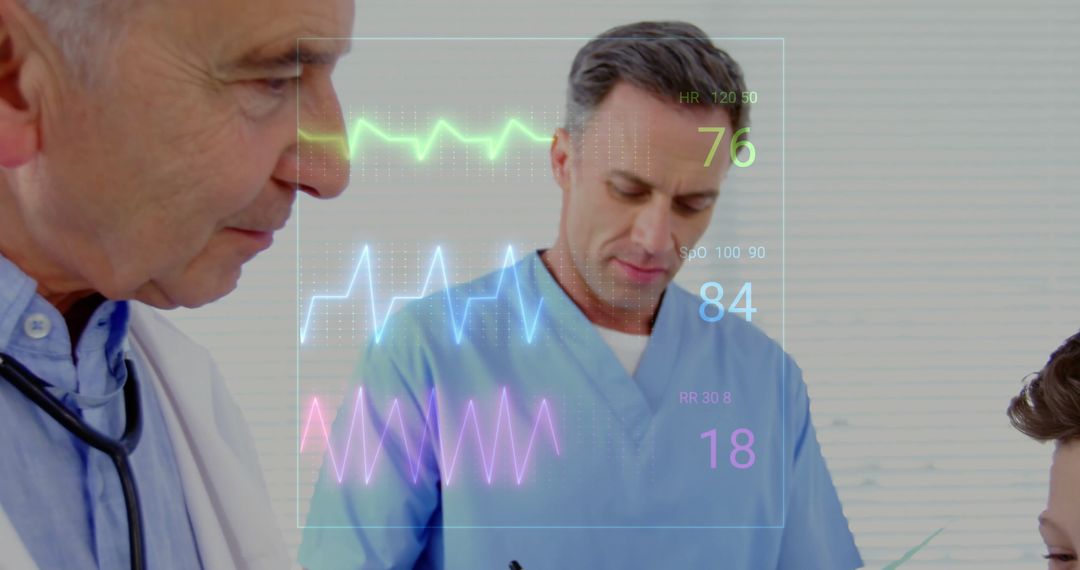 Male Doctors Analyzing Cardiograph Interface while Examining Patient