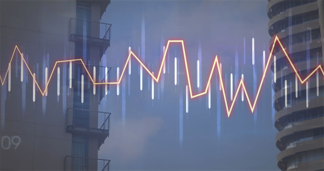 Digital Financial Data Overlay on Urban Cityscape Background
