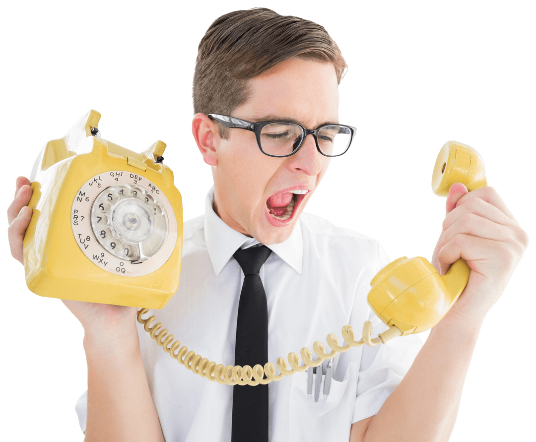 Frustrated Businessman Using Retro Phone on Transparent Background