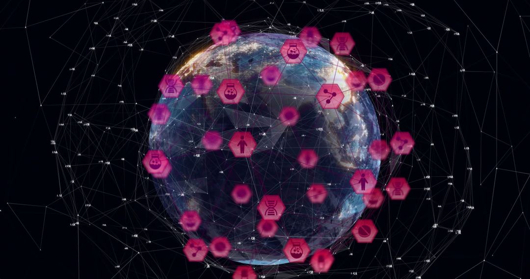 Futuristic Globe Surrounded by Digital Network Icons