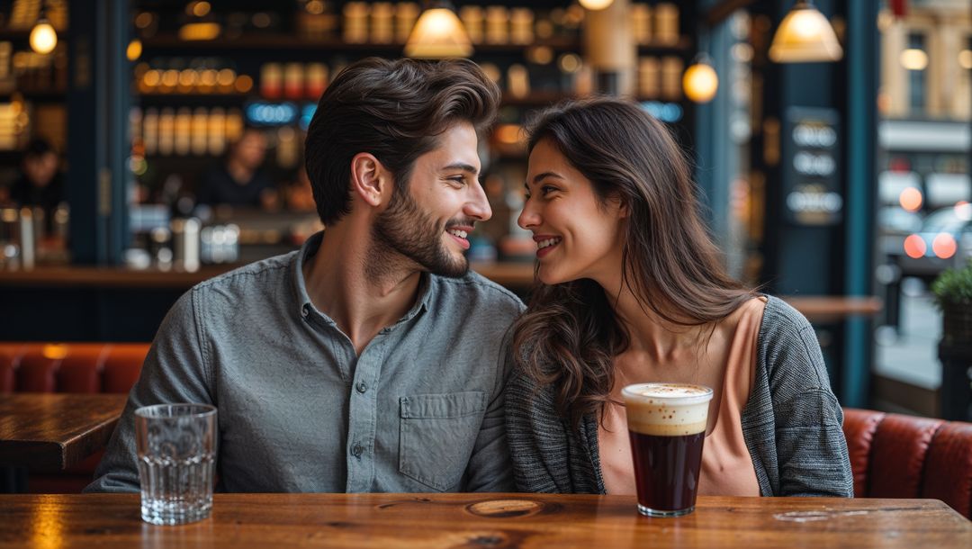 Romantic lovers enjoying cozy time at rustic bar table