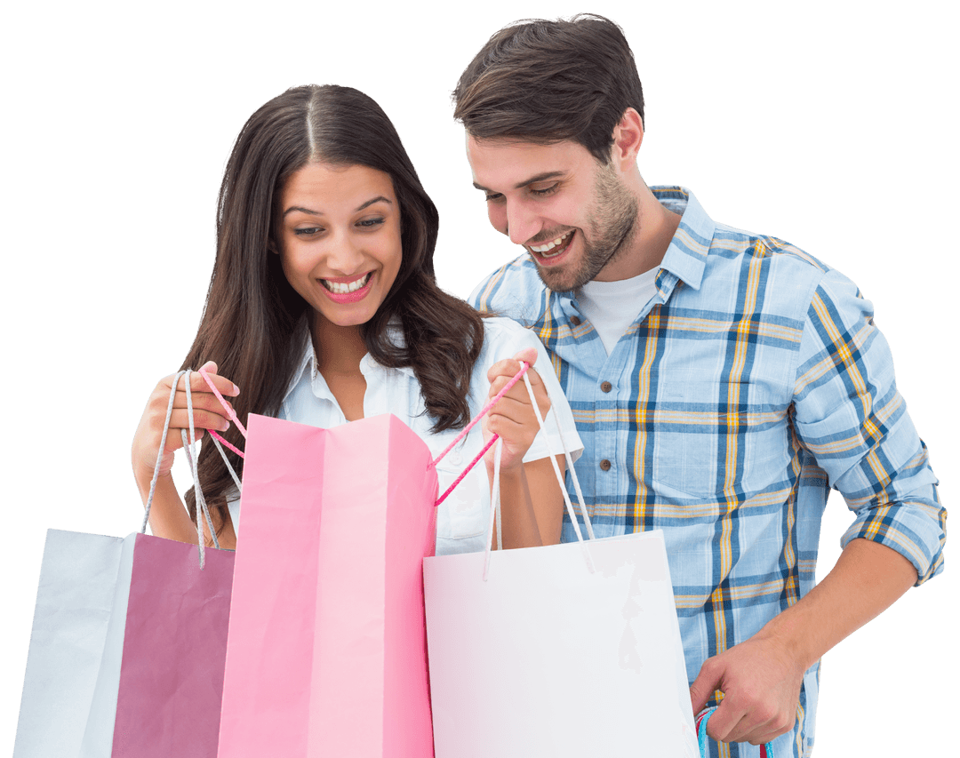 Happy Couple Shopping with Colorful Bags on Transparent Background