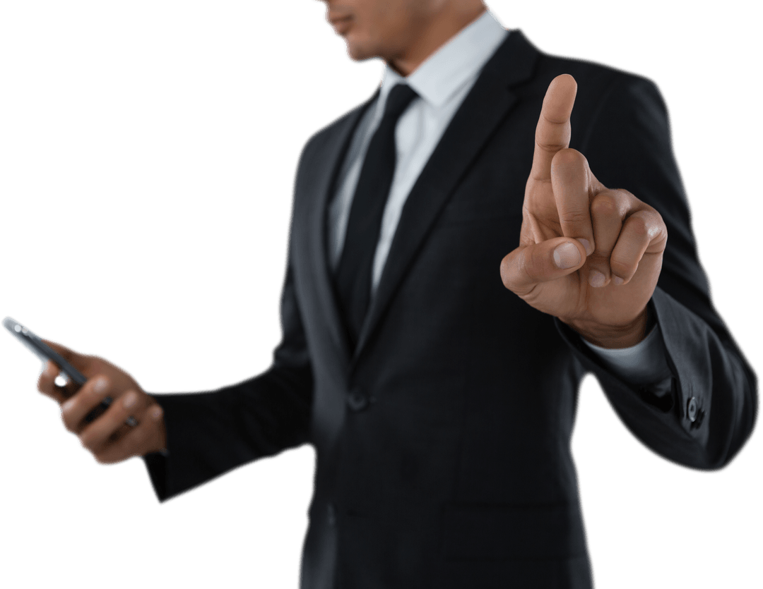 Transparent Businessman Using Smartphone and Gesturing in Suit