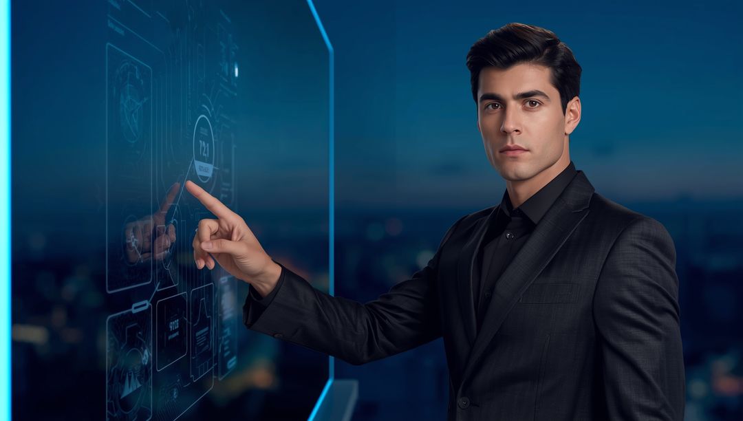 Executive Utilizing Holographic Display in Office Setting