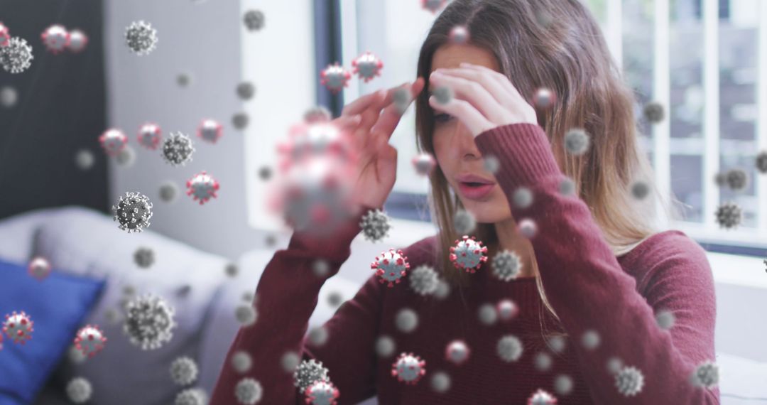 Woman Sneezing Visualized with Virus Particles Indoors