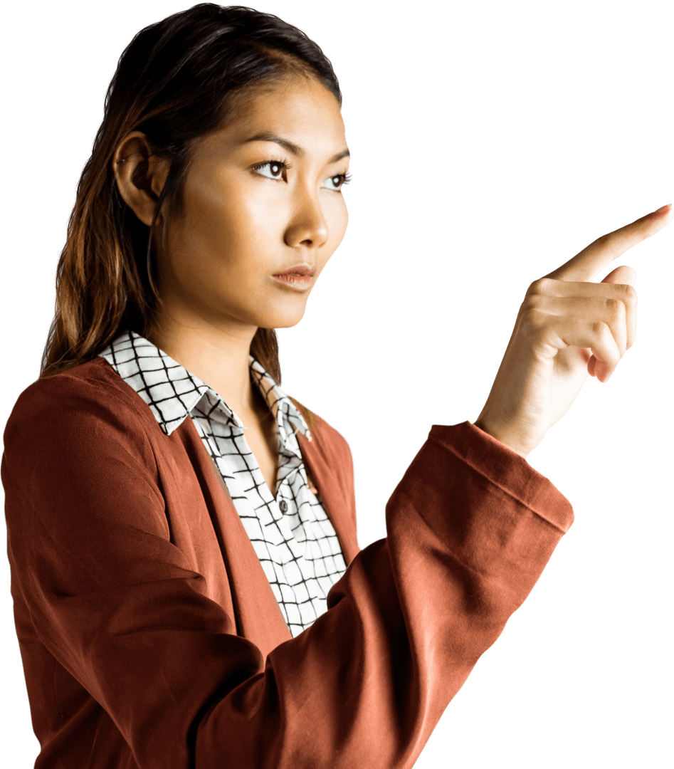 Transparent Asian Businesswoman Pointing with Purpose