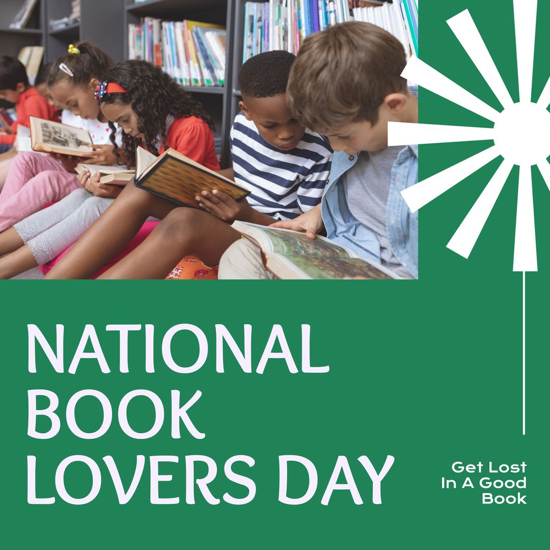 Diverse Children Enjoying Books in Library for National Book Lovers Day