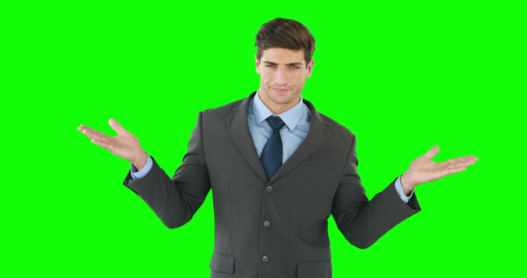 Confused Businessman in Suit Shrugging Shoulders on Green Screen - Free Images, Stock Photos and Pictures on Pikwizard.com