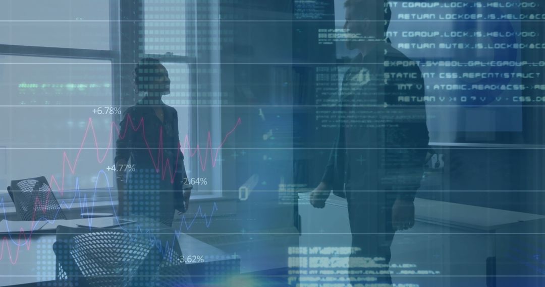 Business Professionals Reviewing Digital Data at Office with Modern Overlays