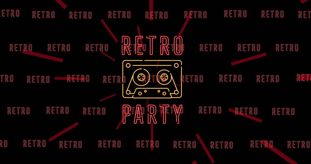 Retro Party Neon Typography with Cassette Icon on Black Background