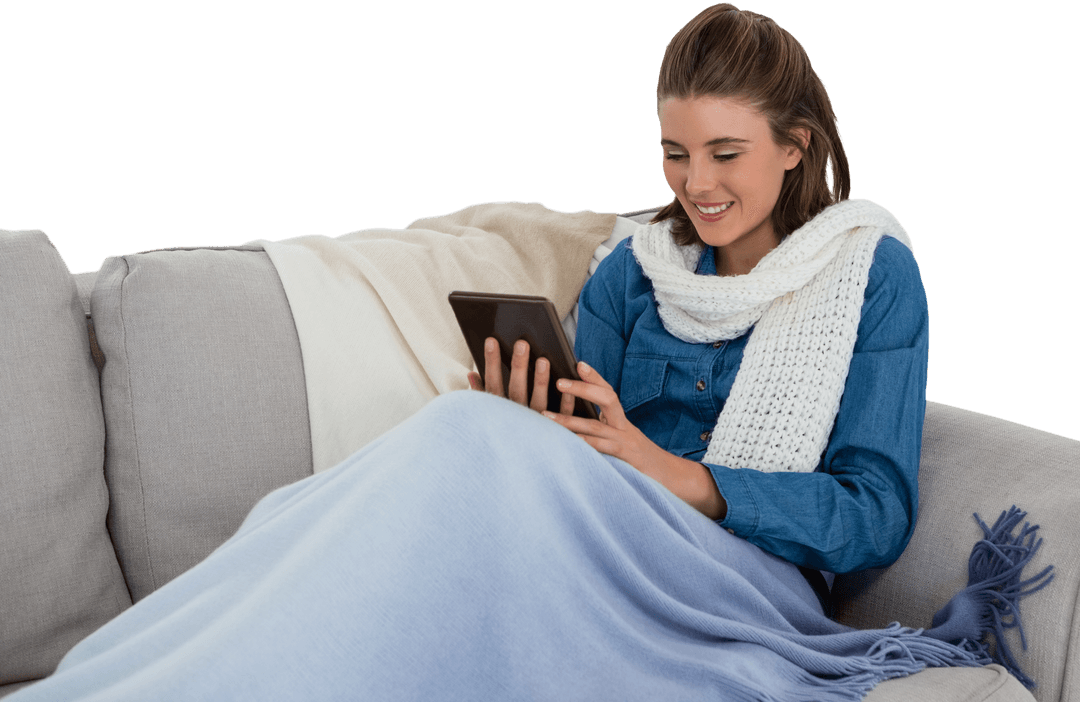 Smiling Woman With Tablet and Blanket Transparent Background