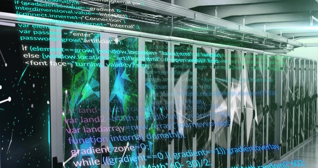 Futuristic Data Center with Code Overlay