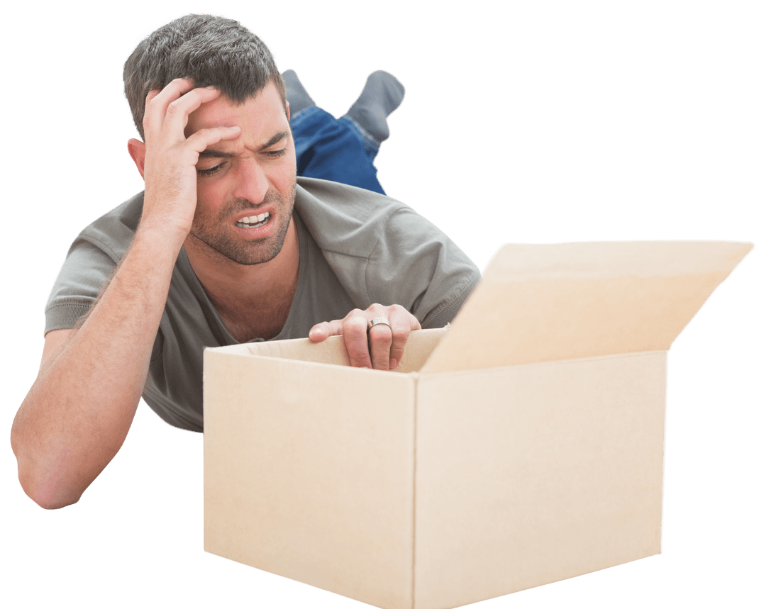 Frustrated Man Searching in Transparent Cardboard Box Cutout