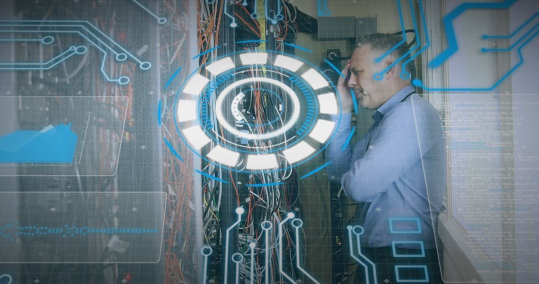 IT Technician Fixing Server with Futuristic Data Overlay
