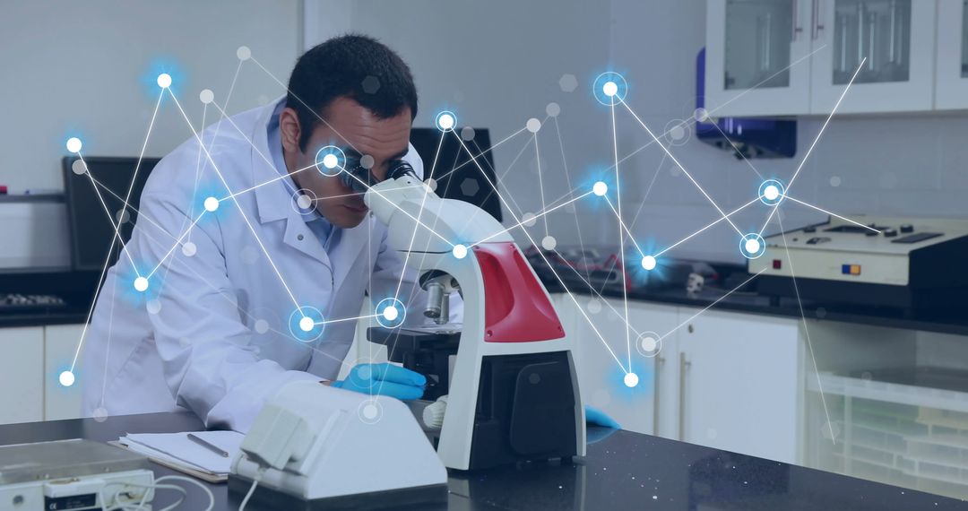 Scientist analyzing under microscope with network graphics overlay