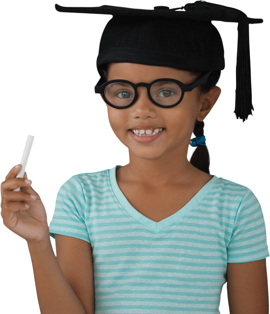 Smiling Girl in Transparent Mortarboard Holding Chalk Excellence