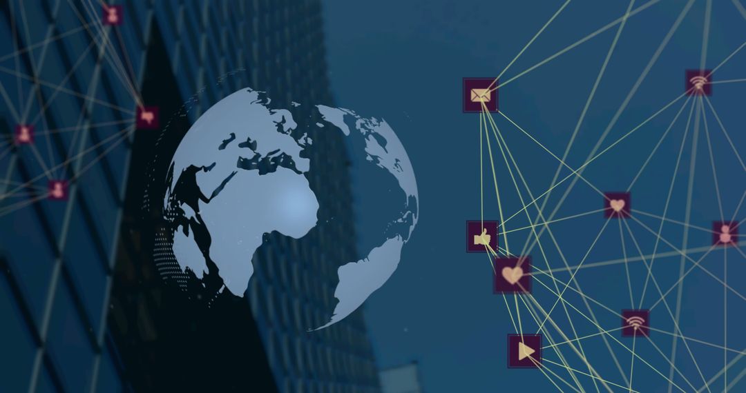 Global Digital Networking with Icon Connections Over Cityscape