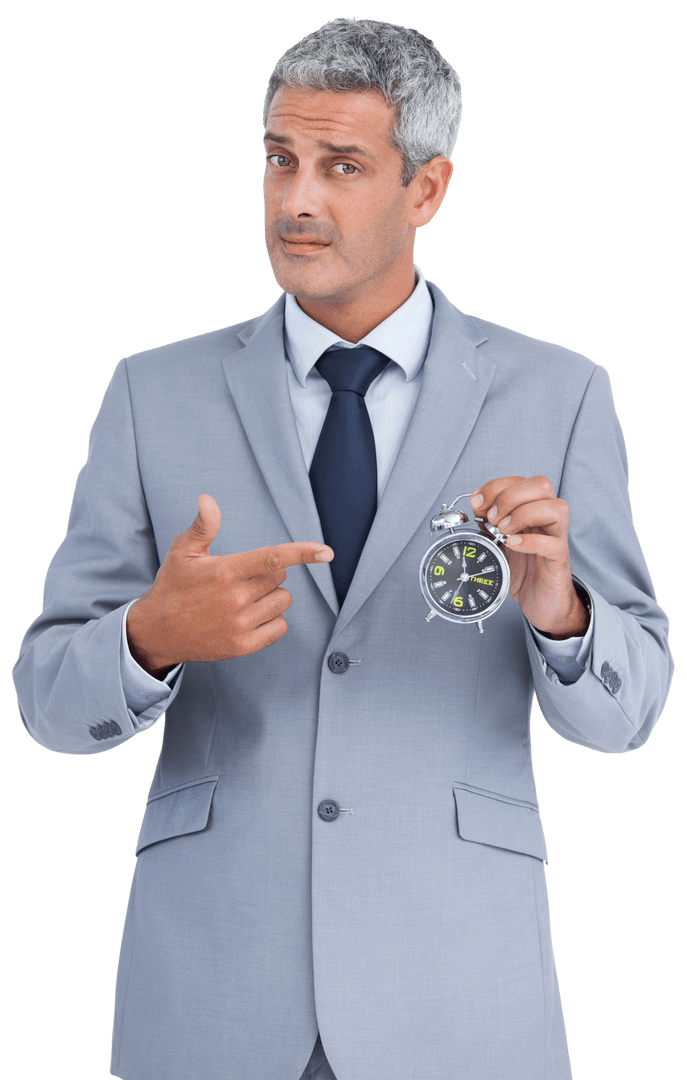 Confident Businessman Pointing Alarm Clock on Transparent Background
