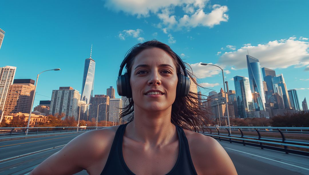 Woman Enjoying Music While Running in Vibrant Cityscape