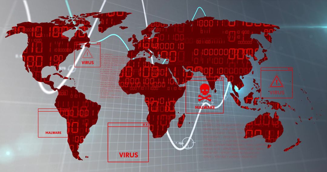 Global Cybersecurity Threats on Digital World Map Illustration