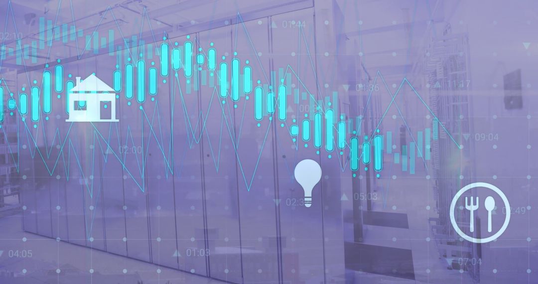 Digital Data Processing with Icons Over Computer Servers