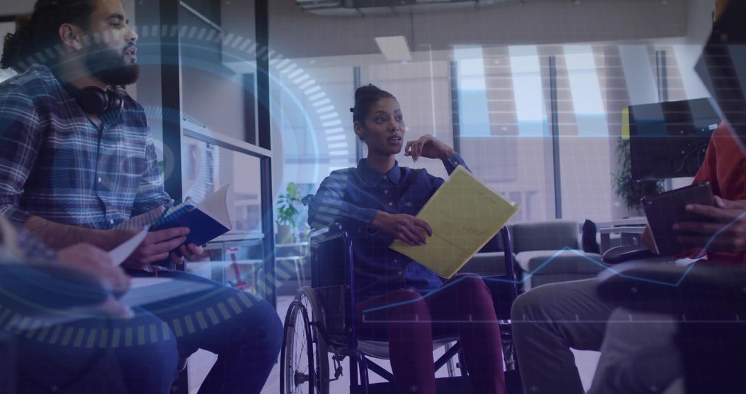 Inclusive Team Meeting with Digital Overlay in Modern Office