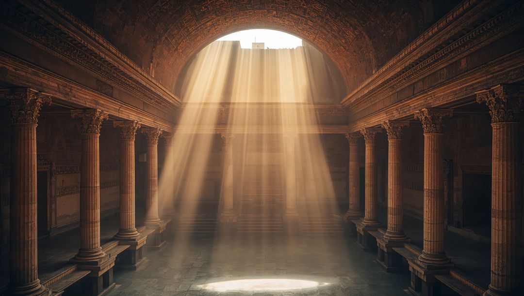 Sunlight streaming through oculus in neoclassical colonnaded hall with golden rays