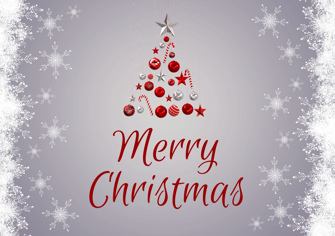 Merry Christmas Text with Decorative Holiday Tree on Grey