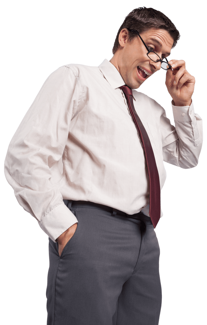 Confident Businessman Smiling While Adjusting Glasses on Transparent Background