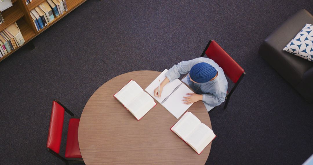 Student with Headscarf Studying in Library from Above - Free Images, Stock Photos and Pictures on Pikwizard.com