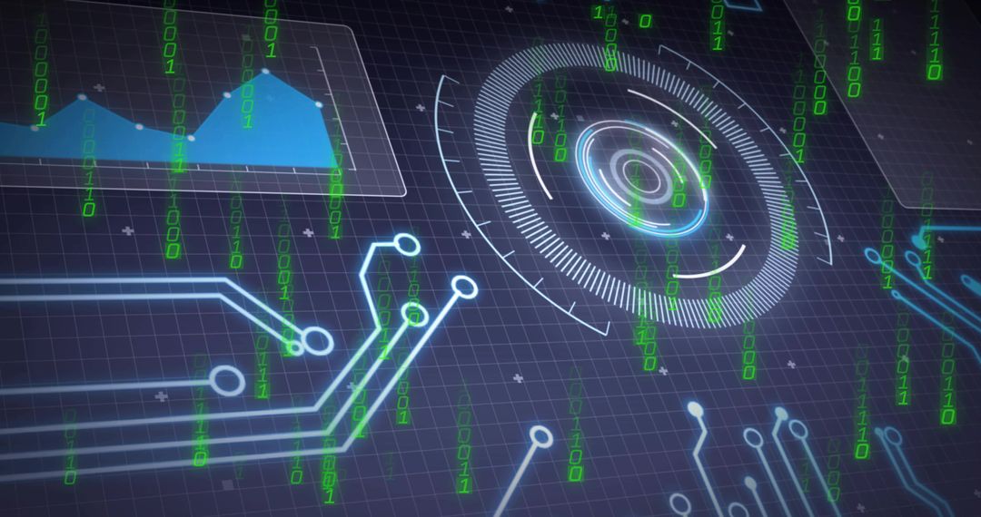 Futuristic Holographic HUD Display Showing Concentric Radar, Neon Circuits and Binary Data