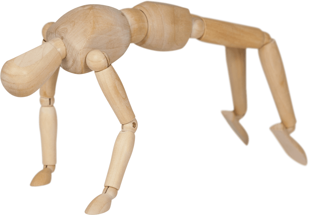 Wooden 3D Figurine Stretching Pose on Transparent Background