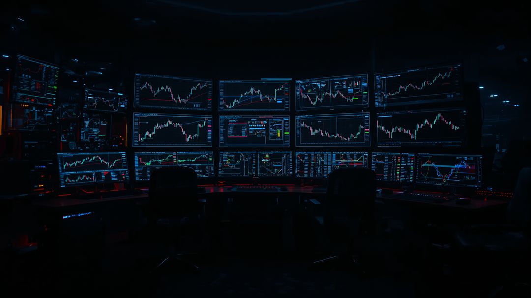 Sleek Curved Array of Monitors in Financial Trading Room
