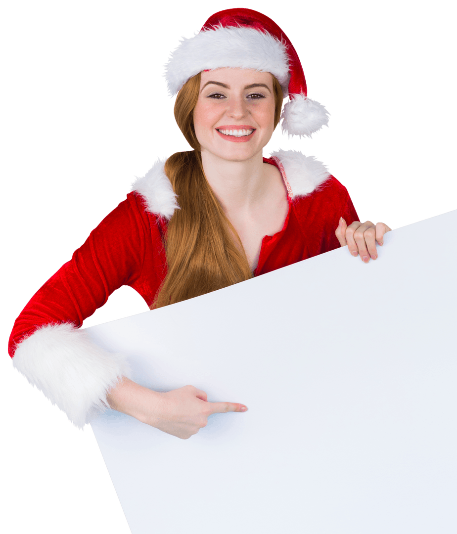 Smiling Woman in Santa Costume Holding Blank Card Transparent Background