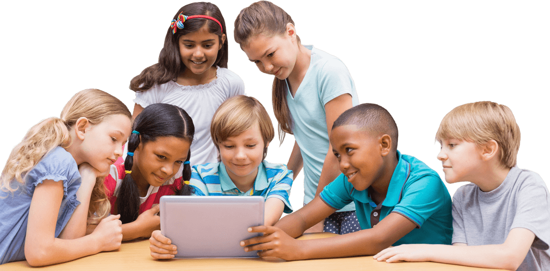 Diverse Group of Children Engaging with Tablet in Classroom; Transparent Background