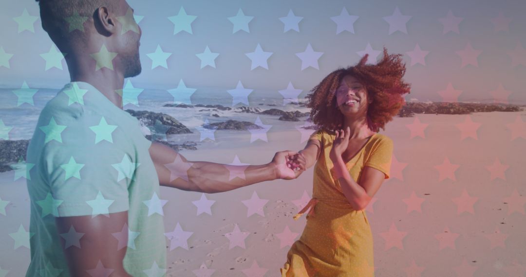Couple holding hands on beach with whimsical star overlay
