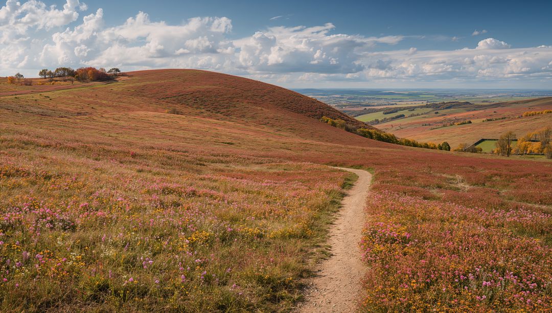 Scenic Meadow Ridge Path With Wildflowers Under Vast Clouds