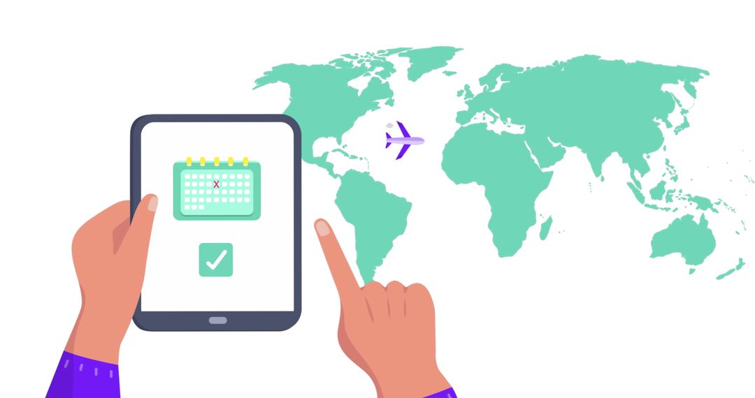 Digital Tablet Showing Travel Plans Over World Map Background