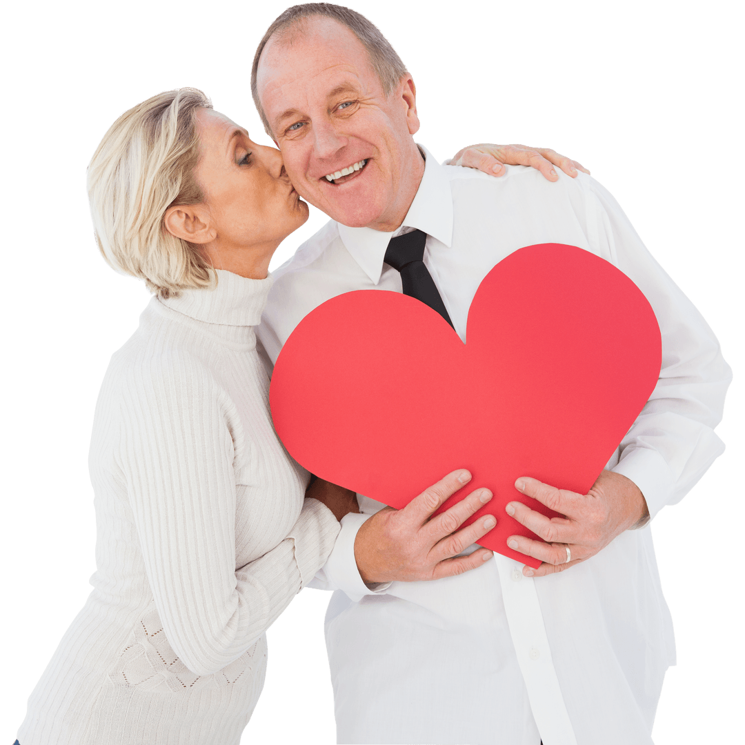 Affectionate Older Couple Holding Heart Symbol with Transparent Background