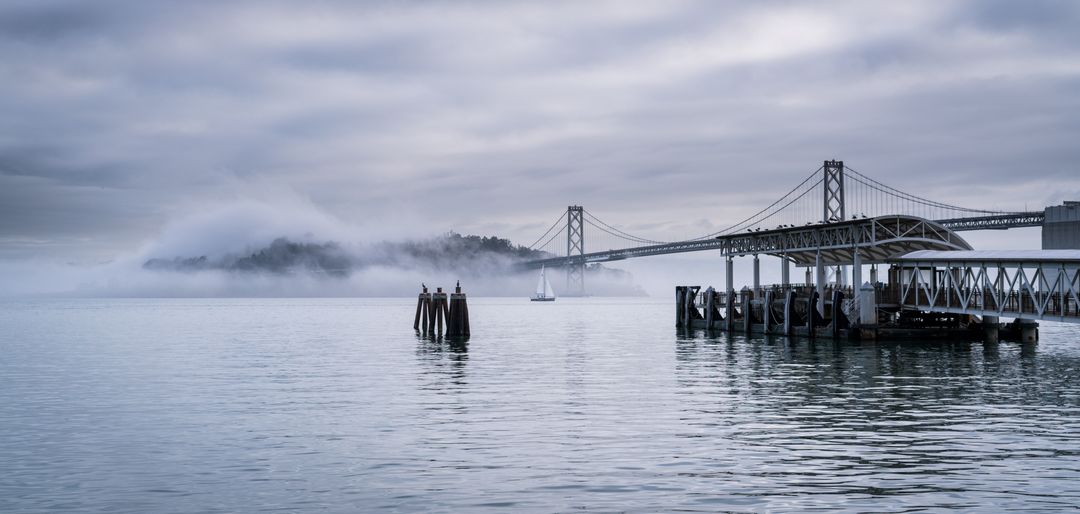 Foggy San Francisco Bay with Bridge and Island - Free Images, Stock Photos and Pictures on Pikwizard.com