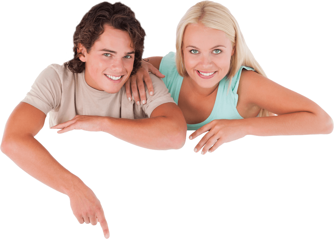 Young Couple Pointing at Transparent Promotional Space