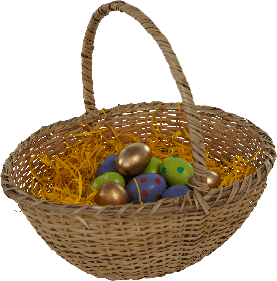Transparent Wicker Basket with Colorful Easter Eggs on Straw