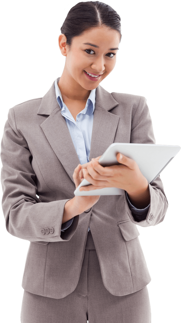 Transparent Portrait of Smiling Businesswoman Using Tablet