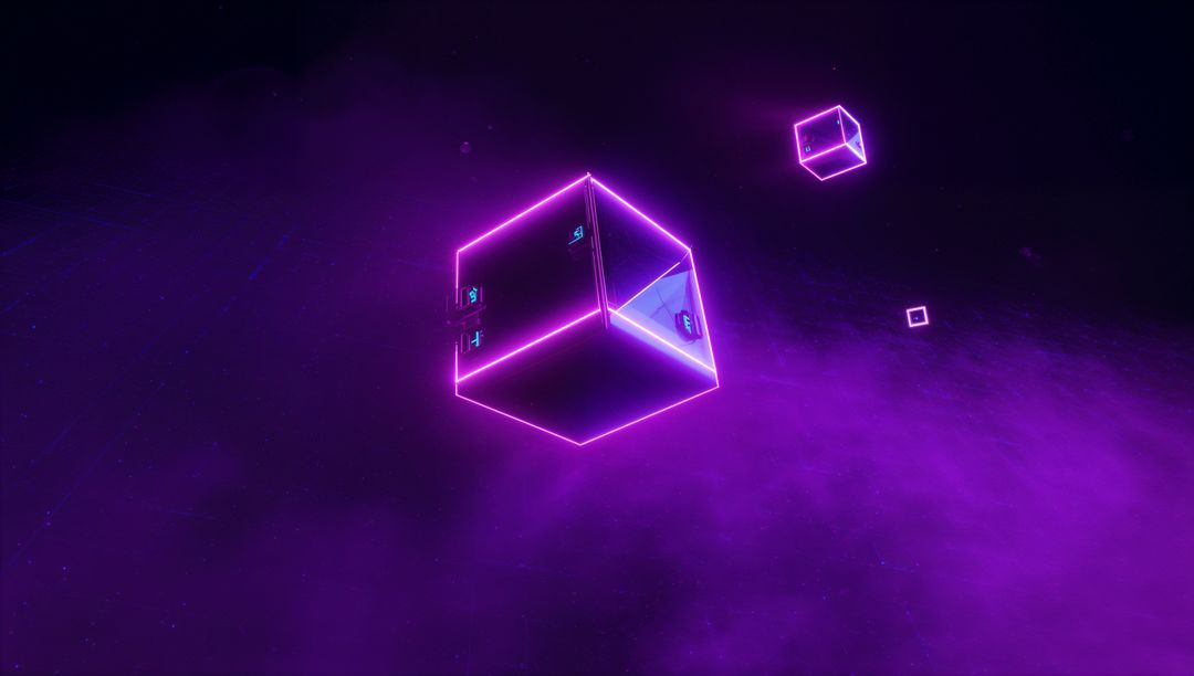 Glowing Neon Cube Floating in Purple Nebula Revealing Triangular Hatch and Mini Cubes